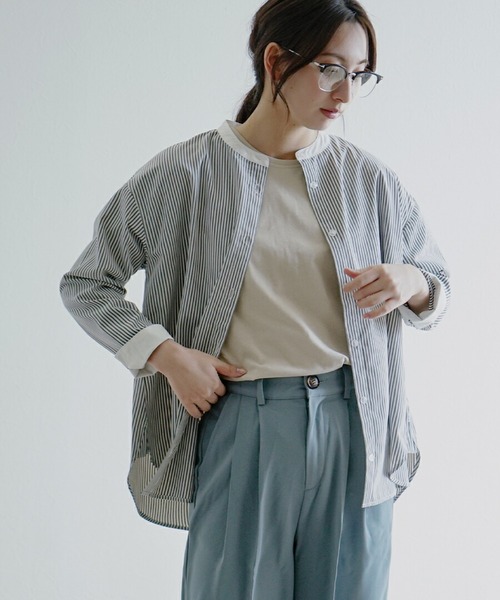 zootie（ズーティー）の「綿 タイプライター クレリックシャツ（シャツ/ブラウス・レディース・ブルー系その他/グレー/ベージュ系その他/ストライプ/ホワイト・M）」の14枚目の写真