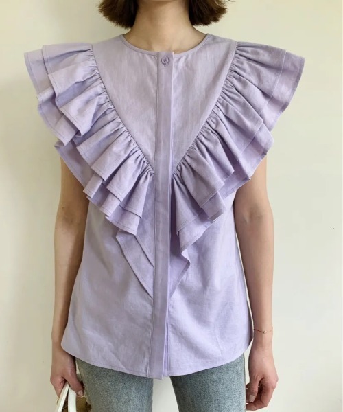 BIRTHDAY BASH（バースデイバッシュ）の「SHOULDER FRILL LINEN TOPS（Tシャツ/カットソー・レディース・ブルー/ブラック・MEDIUM/SMALL）」の3枚目の写真