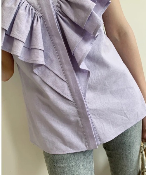 BIRTHDAY BASH（バースデイバッシュ）の「SHOULDER FRILL LINEN TOPS（Tシャツ/カットソー・レディース・ブルー/ブラック・MEDIUM/SMALL）」の6枚目の写真