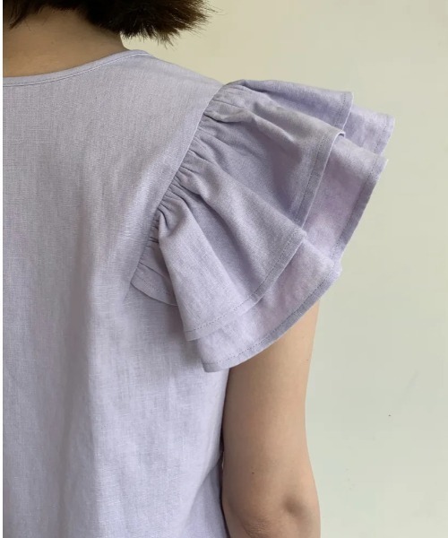 BIRTHDAY BASH（バースデイバッシュ）の「SHOULDER FRILL LINEN TOPS（Tシャツ/カットソー・レディース・ブルー/ブラック・MEDIUM/SMALL）」の7枚目の写真