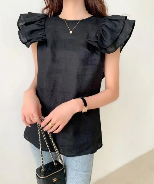 BIRTHDAY BASH（バースデイバッシュ）の「SHOULDER FRILL LINEN TOPS（Tシャツ/カットソー・レディース・ブルー/ブラック・MEDIUM/SMALL）」の8枚目の写真