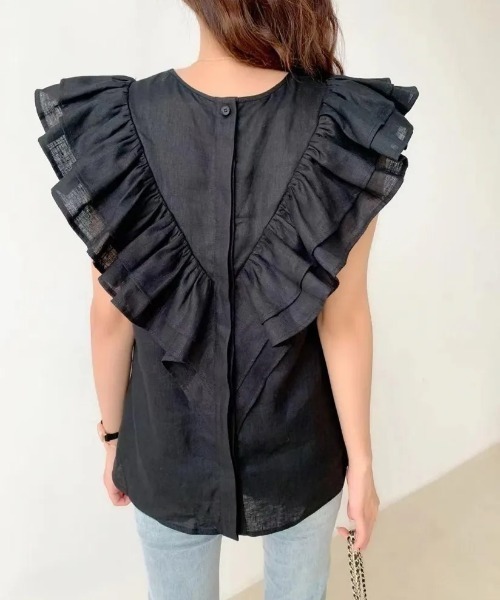 BIRTHDAY BASH（バースデイバッシュ）の「SHOULDER FRILL LINEN TOPS（Tシャツ/カットソー・レディース・ブルー/ブラック・MEDIUM/SMALL）」の9枚目の写真