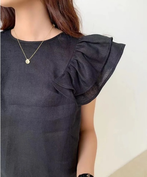 BIRTHDAY BASH（バースデイバッシュ）の「SHOULDER FRILL LINEN TOPS（Tシャツ/カットソー・レディース・ブルー/ブラック・MEDIUM/SMALL）」の10枚目の写真