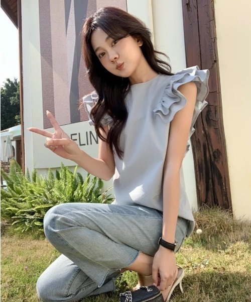 BIRTHDAY BASH（バースデイバッシュ）の「SHOULDER FRILL LINEN TOPS（Tシャツ/カットソー・レディース・ブルー/ブラック・MEDIUM/SMALL）」の14枚目の写真