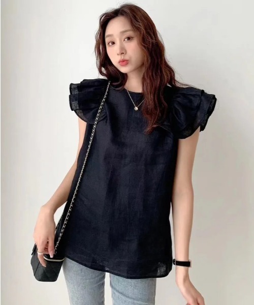 BIRTHDAY BASH（バースデイバッシュ）の「SHOULDER FRILL LINEN TOPS（Tシャツ/カットソー・レディース・ブルー/ブラック・MEDIUM/SMALL）」の12枚目の写真