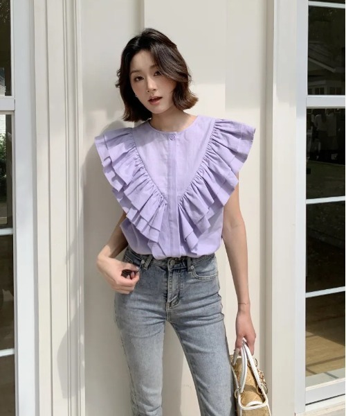 BIRTHDAY BASH（バースデイバッシュ）の「SHOULDER FRILL LINEN TOPS（Tシャツ/カットソー・レディース・ブルー/ブラック・MEDIUM/SMALL）」の16枚目の写真