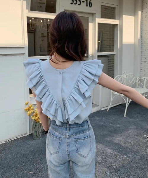 BIRTHDAY BASH（バースデイバッシュ）の「SHOULDER FRILL LINEN TOPS（Tシャツ/カットソー・レディース・ブルー/ブラック・MEDIUM/SMALL）」の17枚目の写真