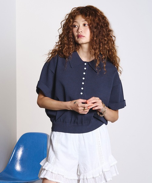 ROSE BUD（ローズバッド）の「POLO COLLAR KNIT（ニット/セーター・レディース・グレー/オフホワイト・ONE SIZE）」の3枚目の写真