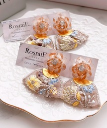 【RosraiE】ガラスフラワー インド刺繍リボン イヤリング(MA)