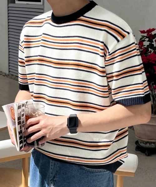 NOWLE（ノウル）の「【NOWLE】マルチボーダー メッシュ サマーニット 半袖 Tシャツ / クルーネック リラックス トップス（ニット/セーター・メンズ・オレンジ系/ブルー系・X-LARGE/LARGE）」の2枚目の写真