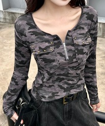 【秋冬新作】メタルスタッズポケット迷彩柄ハーフジップ長袖トップス