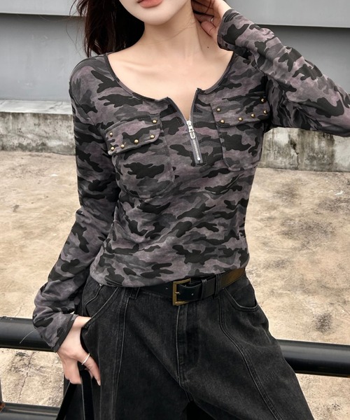 Sibra(シブラ)の「【秋冬新作】メタルスタッズポケット迷彩柄ハーフジップ長袖トップス(Tシャツ/カットソー・レディース・グレー/グリーン・M)」の3枚目の写真