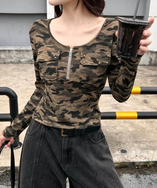 Sibra(シブラ)の「【秋冬新作】メタルスタッズポケット迷彩柄ハーフジップ長袖トップス(Tシャツ/カットソー・レディース・グレー/グリーン・M)」の7枚目の写真