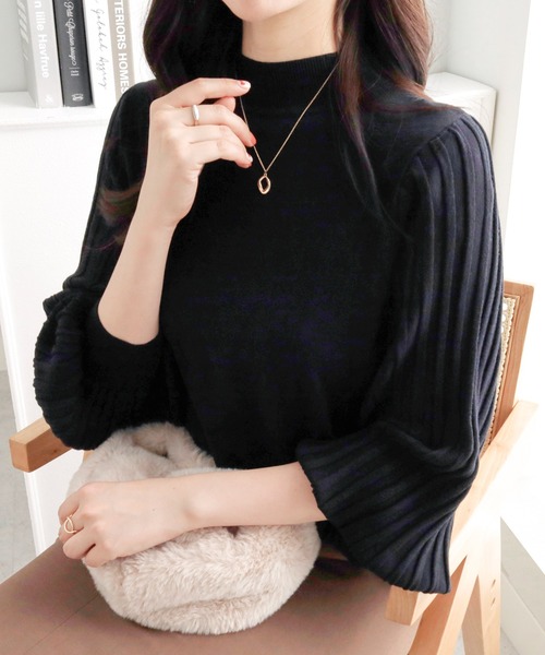 alotta（アロッタ）の「大人上品袖プリーツニット（ニット/セーター・レディース・モカ/ブルー/ブラック/ボルドー・LL/L/M）」の2枚目の写真