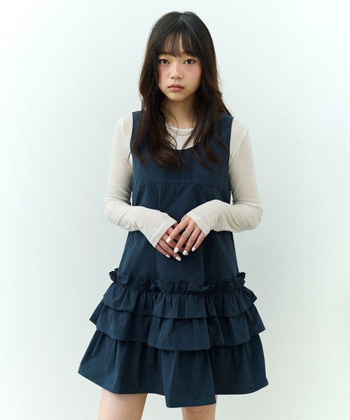 3段ローティアードナイロンミニワンピース / Three-Tier Low-Tiered