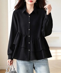 アシンメトリーティアードフリル長袖シャツ