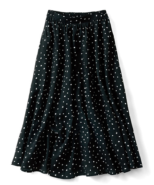 Live in comfort(リブインコンフォート)の「リブ イン コンフォート 気づいたらきゅん♪レモンドット柄のふわひらコットンロングスカート(スカート・レディース・ブラック/グレー/ネイビー・XX-LARGE/NM/NS/SL/X-LARGE/LARGE/MEDIUM/SMALL)」の2枚目の写真