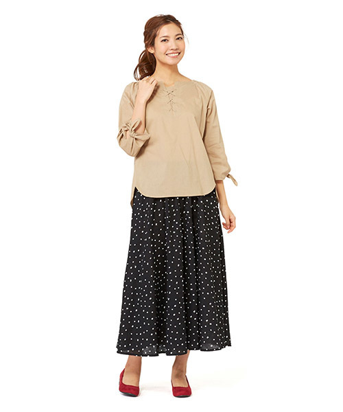 Live in comfort(リブインコンフォート)の「リブ イン コンフォート 気づいたらきゅん♪レモンドット柄のふわひらコットンロングスカート(スカート・レディース・ブラック/グレー/ネイビー・XX-LARGE/NM/NS/SL/X-LARGE/LARGE/MEDIUM/SMALL)」の14枚目の写真