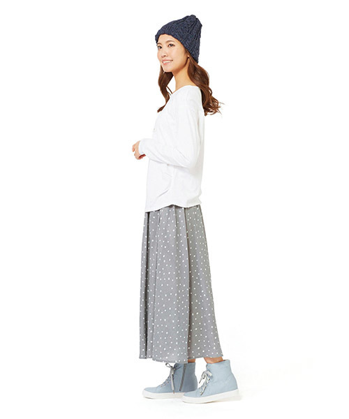 Live in comfort(リブインコンフォート)の「リブ イン コンフォート 気づいたらきゅん♪レモンドット柄のふわひらコットンロングスカート(スカート・レディース・ブラック/グレー/ネイビー・XX-LARGE/NM/NS/SL/X-LARGE/LARGE/MEDIUM/SMALL)」の15枚目の写真