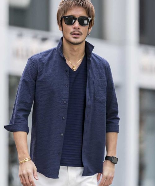 ATELIER SAB for men（アトリエサブフォーメン）の「シアサッカー7分袖シャツ（シャツ/ブラウス・メンズ・ブラック/ブルー/ネイビー・48/50）」の2枚目の写真