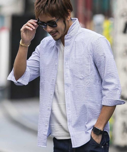 ATELIER SAB for men（アトリエサブフォーメン）の「シアサッカー7分袖シャツ（シャツ/ブラウス・メンズ・ブラック/ブルー/ネイビー・48/50）」の3枚目の写真