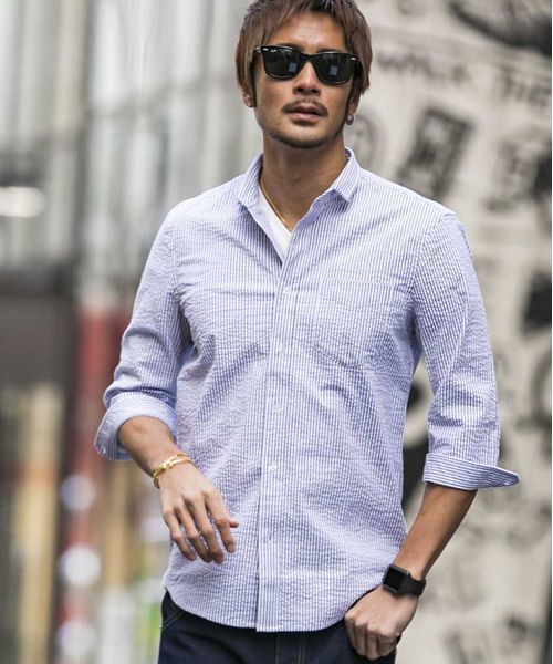 ATELIER SAB for men（アトリエサブフォーメン）の「シアサッカー7分袖シャツ（シャツ/ブラウス・メンズ・ブラック/ブルー/ネイビー・48/50）」の4枚目の写真