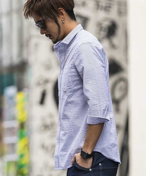 ATELIER SAB for men（アトリエサブフォーメン）の「シアサッカー7分袖シャツ（シャツ/ブラウス・メンズ・ブラック/ブルー/ネイビー・48/50）」の7枚目の写真