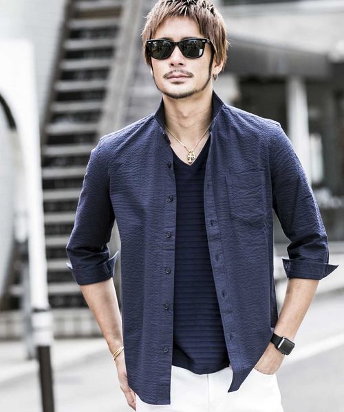 ATELIER SAB for men（アトリエサブフォーメン）の「シアサッカー7分袖シャツ（シャツ/ブラウス・メンズ・ブラック/ブルー/ネイビー・48/50）」の21枚目の写真