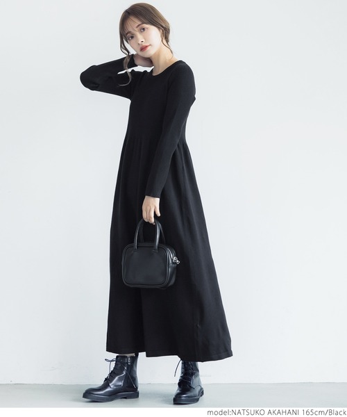 coca(coca)(コカ)の「リブ切り替えロング丈フレアニットワンピース(ワンピース・レディース・ブラック・ONE SIZE)」の8枚目の写真
