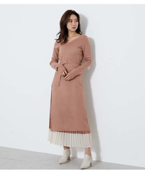 Op バイカラープリーツスカートコンビニットワンピース ワンピース Rienda リエンダ のファッション ワンピース セール Sk Knit