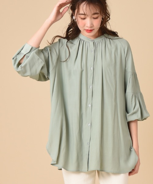 INTERPLANET（インタープラネット）の「バンドカラーティアードスリーブブラウス＋ベルト付（シャツ/ブラウス・レディース・オフホワイト/ミント/ブラック・FREE）」の3枚目の写真