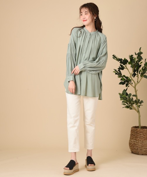 INTERPLANET（インタープラネット）の「バンドカラーティアードスリーブブラウス＋ベルト付（シャツ/ブラウス・レディース・オフホワイト/ミント/ブラック・FREE）」の10枚目の写真