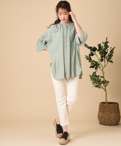 INTERPLANET（インタープラネット）の「バンドカラーティアードスリーブブラウス＋ベルト付（シャツ/ブラウス・レディース・オフホワイト/ミント/ブラック・FREE）」の11枚目の写真