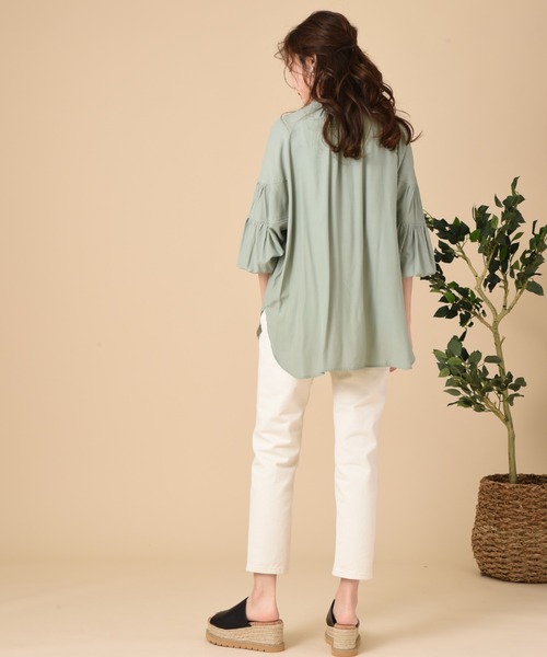 INTERPLANET（インタープラネット）の「バンドカラーティアードスリーブブラウス＋ベルト付（シャツ/ブラウス・レディース・オフホワイト/ミント/ブラック・FREE）」の12枚目の写真