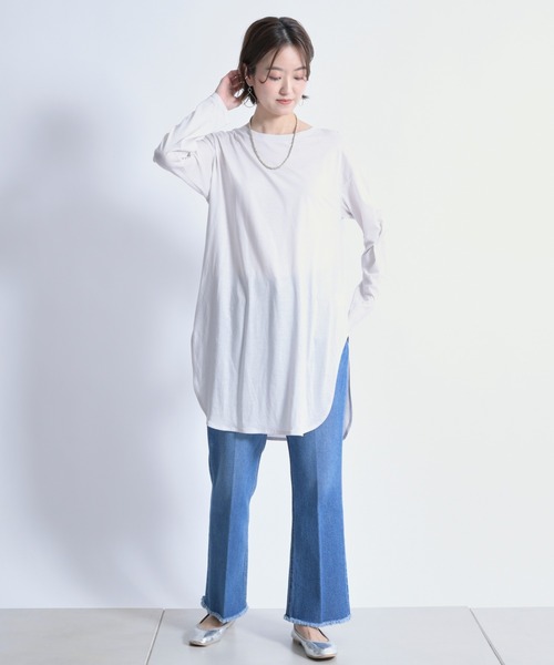 DouDou(ドゥドゥ)の「SS ラウンドヘムチュニックT(Tシャツ/カットソー・レディース・ホワイト/チャコールグレー/ライトベージュ/ライトグリーン・FREE)」の7枚目の写真