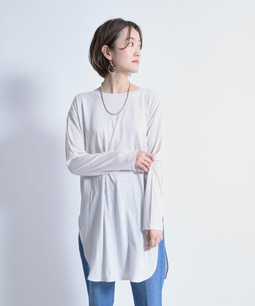 DouDou(ドゥドゥ)の「SS ラウンドヘムチュニックT(Tシャツ/カットソー・レディース・ホワイト/チャコールグレー/ライトベージュ/ライトグリーン・FREE)」の8枚目の写真
