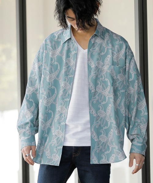 Beno（ビーノ）の「レトロモチーフ グラフィックプリント レギュラーカラー ルーズシャツ（シャツ/ブラウス・メンズ・ホワイト系その他/グレー系その他/ブラウン系その他/グリーン系その他/ブルー系その他/パープル系その他・M/L）」の10枚目の写真