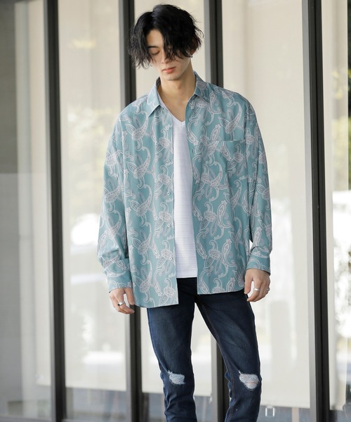 Beno（ビーノ）の「レトロモチーフ グラフィックプリント レギュラーカラー ルーズシャツ（シャツ/ブラウス・メンズ・ホワイト系その他/グレー系その他/ブラウン系その他/グリーン系その他/ブルー系その他/パープル系その他・M/L）」の9枚目の写真