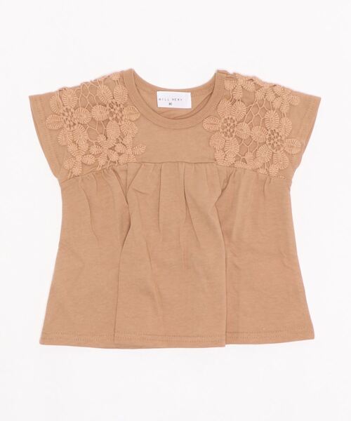 Will Mery(ウイルメリィ)の「袖 レースTシャツ(Tシャツ/カットソー・キッズ・ブラウン/ピンク・100/80/90/120/110/130/95)」の1枚目の写真
