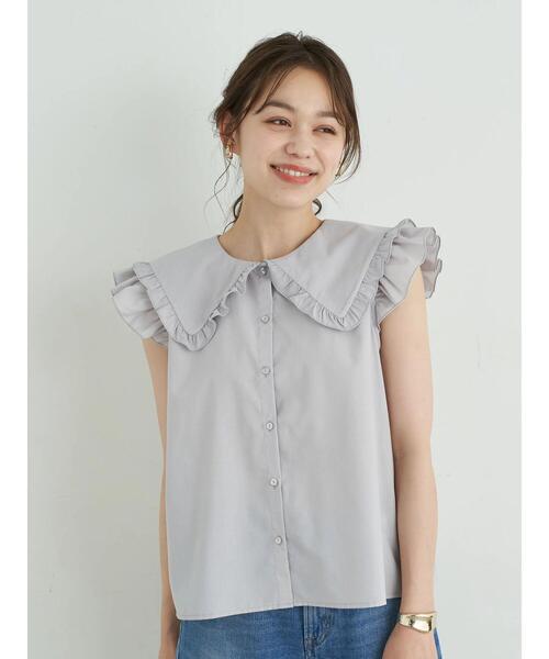 earth music&ecology（アースミュージックアンドエコロジー）の「ノースリーブフリルビックカラーブラウス ＊（シャツ/ブラウス・レディース・ライトグレー/ブラック/オフホワイト・FREE）」の5枚目の写真