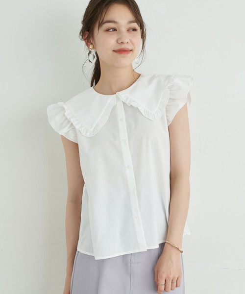 earth music&ecology（アースミュージックアンドエコロジー）の「ノースリーブフリルビックカラーブラウス ＊（シャツ/ブラウス・レディース・ライトグレー/ブラック/オフホワイト・FREE）」の2枚目の写真