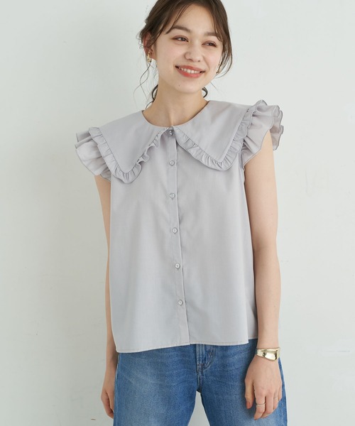 earth music&ecology（アースミュージックアンドエコロジー）の「ノースリーブフリルビックカラーブラウス ＊（シャツ/ブラウス・レディース・ライトグレー/ブラック/オフホワイト・FREE）」の3枚目の写真