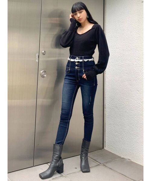 EMODA（エモダ）の「ベルトヘムフリンジハイウエストパギンス（デニムパンツ・レディース・インディゴブルー/ブラック・X-SMALL/MEDIUM/SMALL）」の5枚目の写真