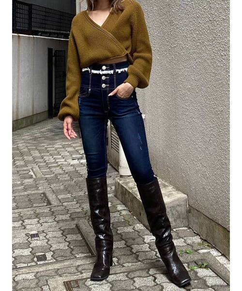 EMODA（エモダ）の「ベルトヘムフリンジハイウエストパギンス（デニムパンツ・レディース・インディゴブルー/ブラック・X-SMALL/MEDIUM/SMALL）」の6枚目の写真