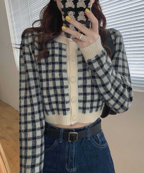 SpRay（スプレイ）の「チェッククロップドカーディガン（カーディガン