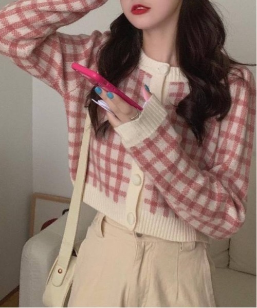 SpRay（スプレイ）の「チェッククロップドカーディガン（カーディガン/ボレロ・レディース・ブルー/ブラック/ピンク・FREE）」の6枚目の写真