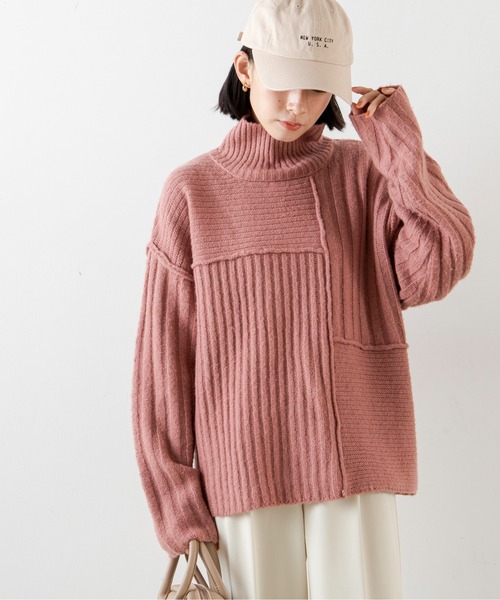 ANGIE（アンジー）の「ハイネックリブ切り替えニットプルオーバー（タートルネック）（ニット/セーター・レディース・ブラック/ベージュ/ブラウン/ピンク/イエロー/グリーン/アイボリー・FREE）」の7枚目の写真