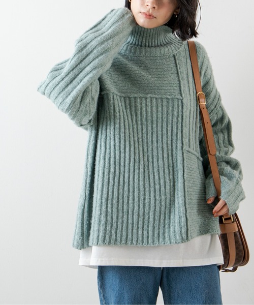 ANGIE（アンジー）の「ハイネックリブ切り替えニットプルオーバー（タートルネック）（ニット/セーター・レディース・ブラック/ベージュ/ブラウン/ピンク/イエロー/グリーン/アイボリー・FREE）」の5枚目の写真