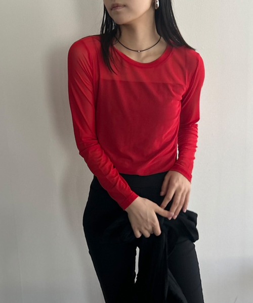 Kotoe（コトエ）の「レディース カラー シースルーカットソー シアーカットソー シアーT 長袖 スキントップス（Tシャツ/カットソー・レディース・ホワイト/グリーン/ブラック/オレンジ/ライム/ライトブルー/ネイビー/レッド・L/M）」の7枚目の写真