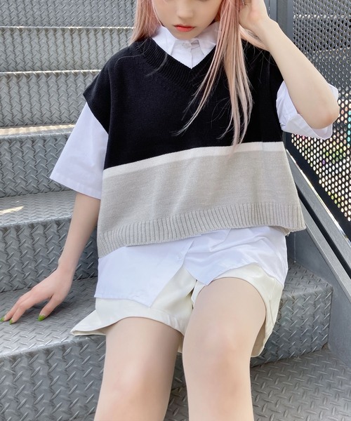 Figments（フィグメンツ）の「バイカラーニットベスト（ベスト・レディース・ブラック/ネイビー・FREE）」の2枚目の写真